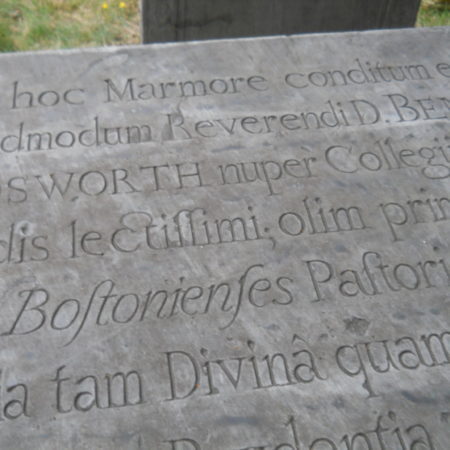 Rev. Dr. Benjamin Wadsworth’s Table Tomb (Harvard's 8th president, d. 1737). Old Cambridge Burying Ground (N. Lamson/ attrib/DL; Photo/DL)